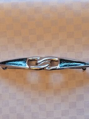 Vtg Silver-Tone Bar Brooch/Collar Pin withTeal Inlay